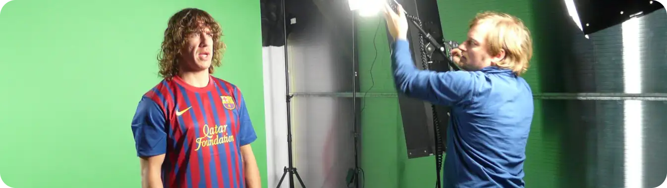 green screen interview setup with FC Barcelona team