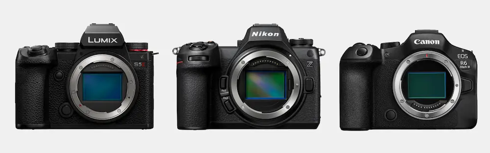 Mid-range cameras for interview set up: Panasonic Lumix S5II, Nikon Z6 III, Canon EOS R6 Mark III