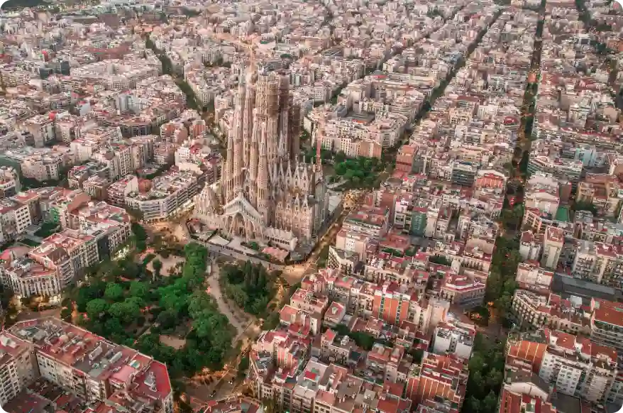 frame of aerial video of eixample neighborhood in barcelona